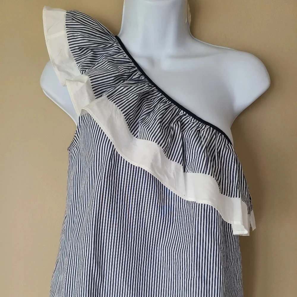 NWT J.Crew size 2 women's top ruffle one shoulder blue & white
